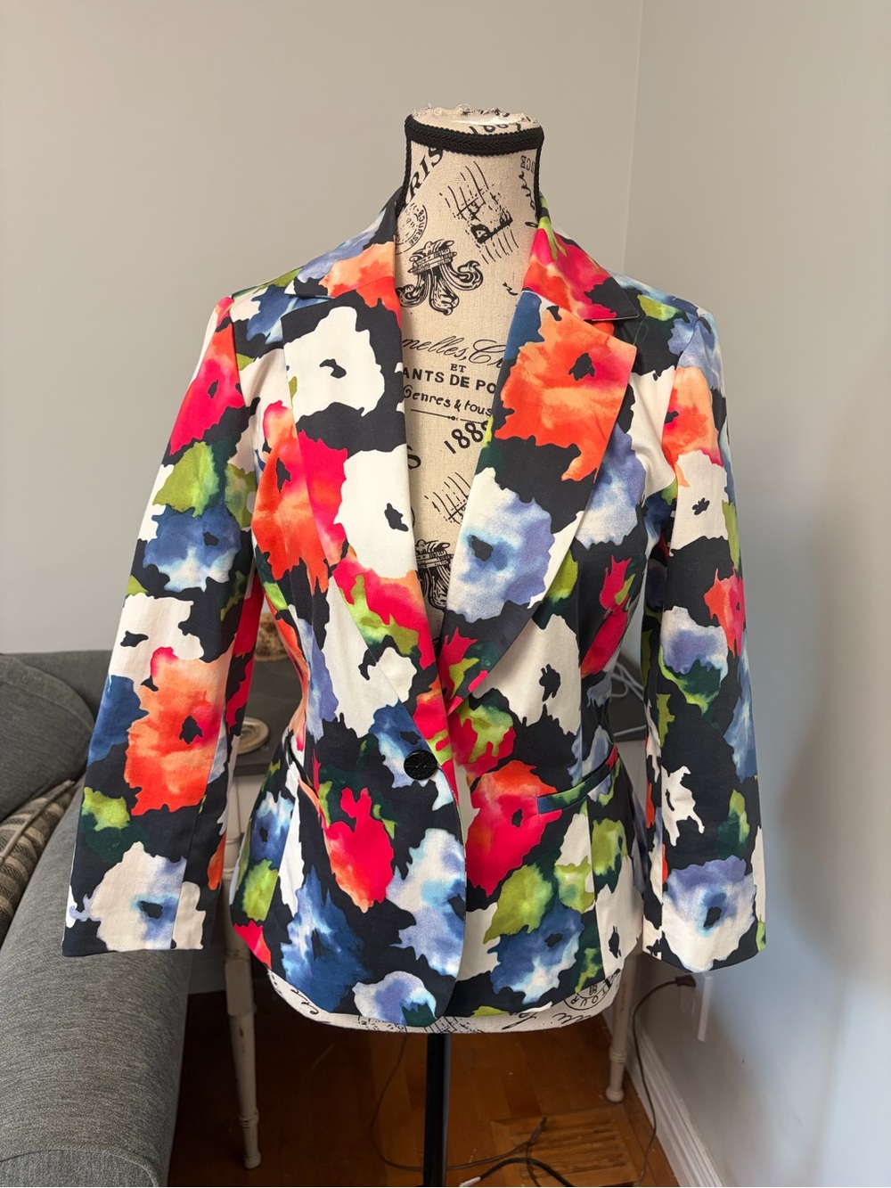 Women's Sandro Size Small Floral Watercolour Lined Blazer Jacket - Multicolor